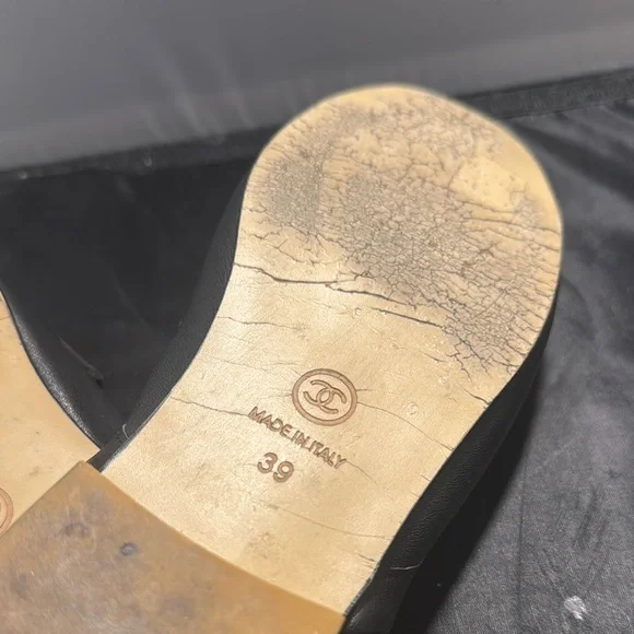 CHANEL Black Leather Mules with Gold Logo - Picture 9 of 13